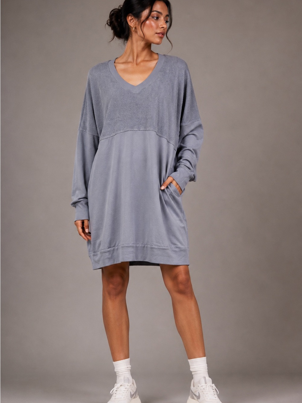 LA Made Gray Mixed Media V-Neck Tunic Sweatshirt Dress NWT S